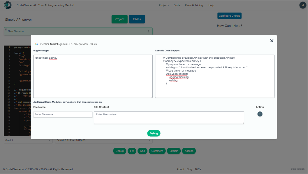 Debug screen