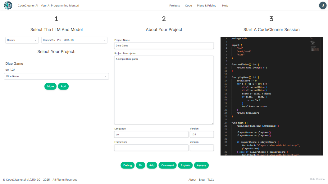 CodeCleaner AI - Home page logged in view