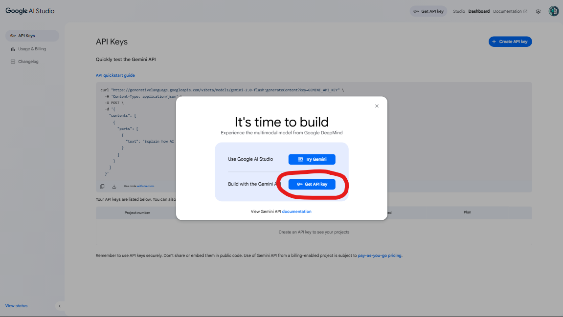 Google AI Studio Create API Key - Step 1
