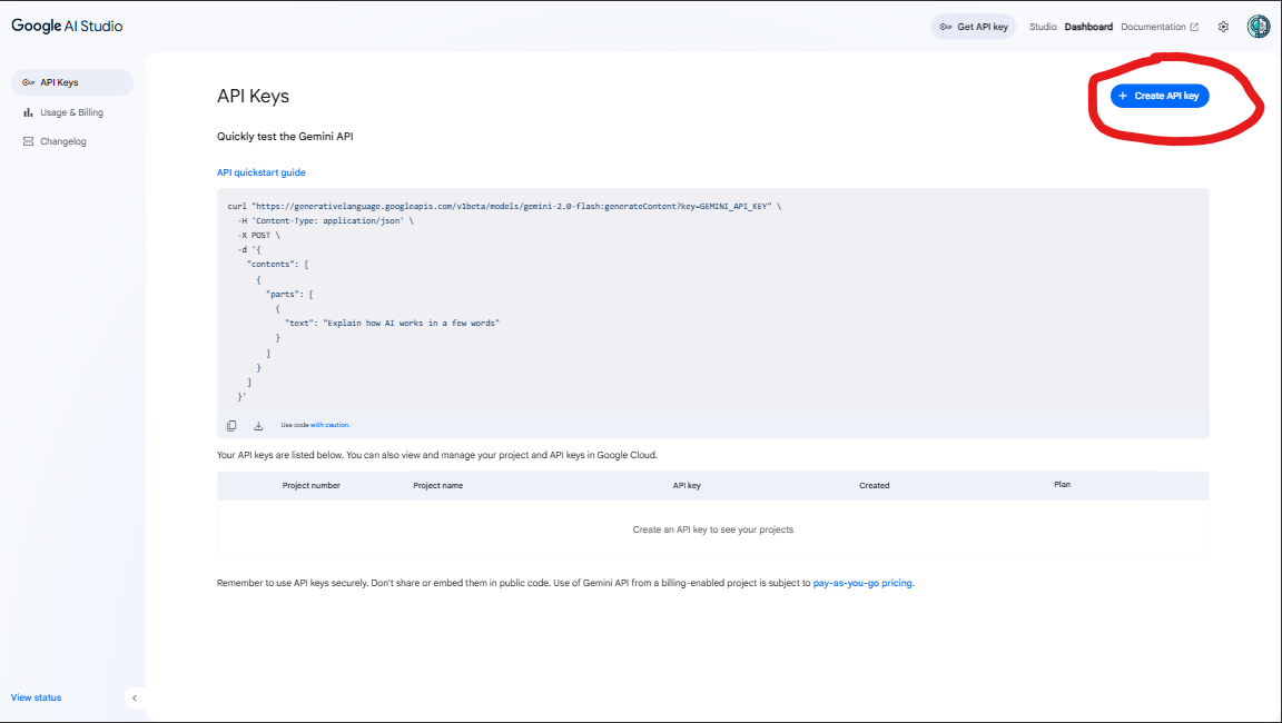 Google AI Studio Create API Key - Step 2