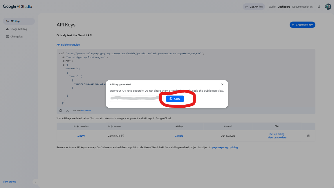 Google AI Studio Create API Key - Step 3