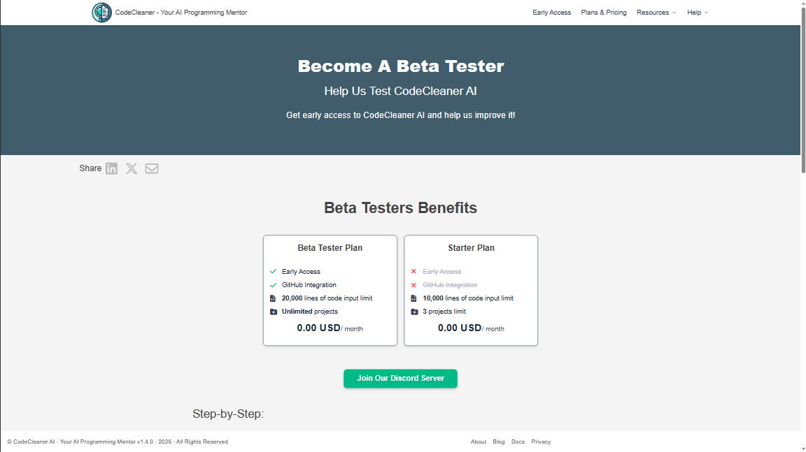 Beta tester program description page screenshot